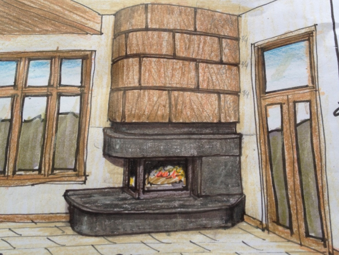Sketch design of a fireplace to be built by Blue Ox Artisan Builders Evergreen, Colorado